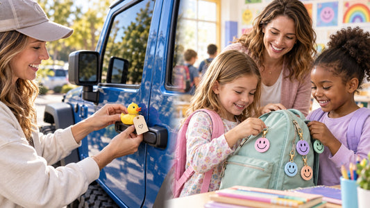 Jeep ducking compared with kids sharing pastel smiley backpack charms under teacher supervision
