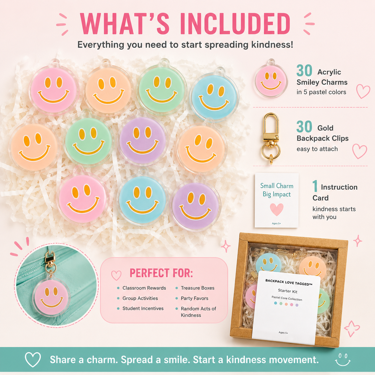 Kids Kindness Charm Set — Backpack Keychain Starter Pack, Back to School Gift