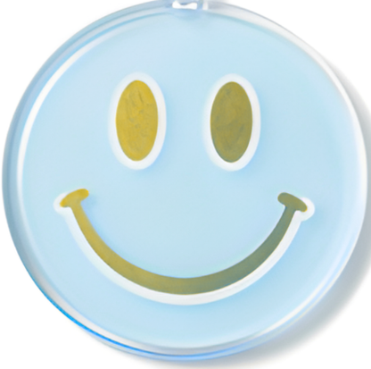 Round container with a smiley face design on a light blue background