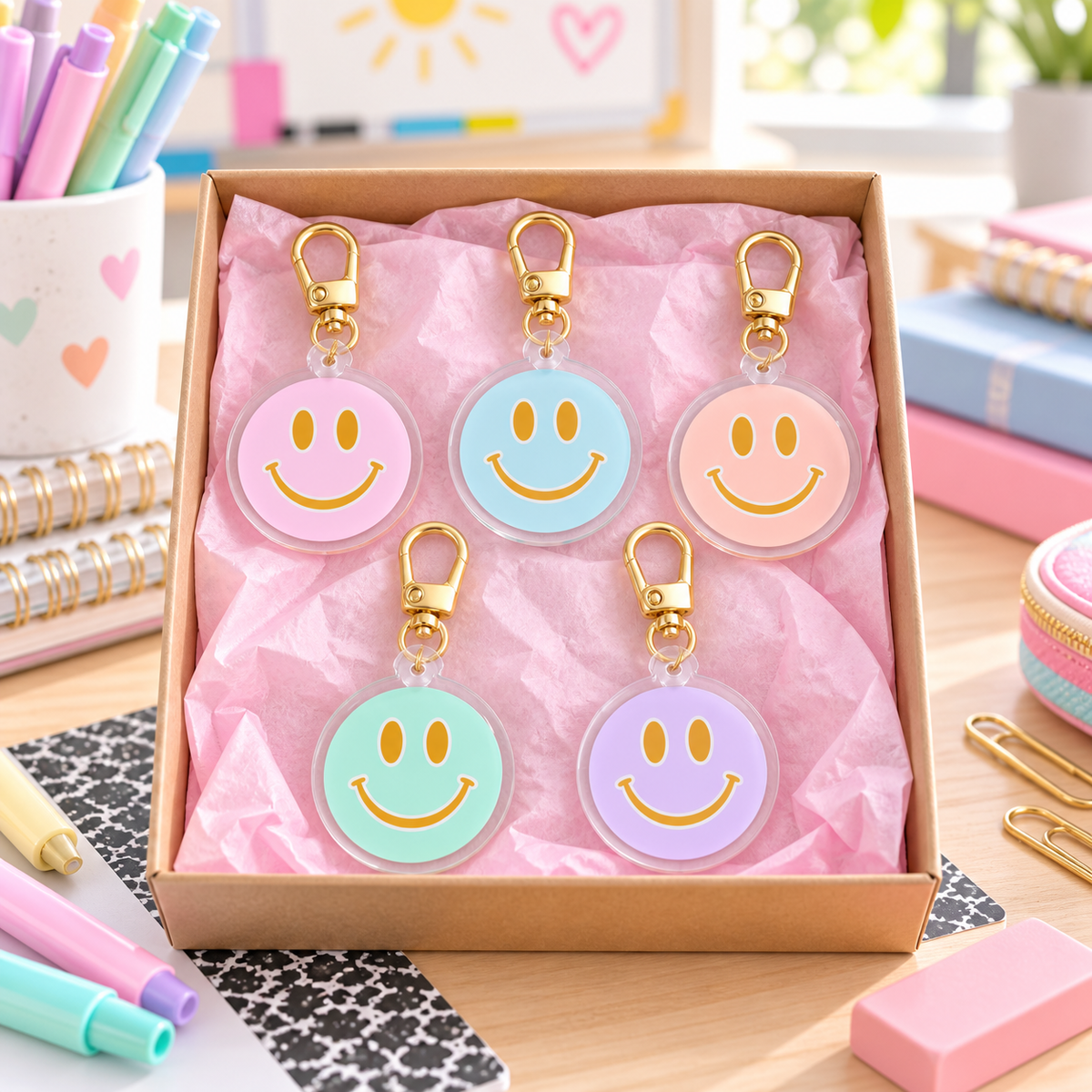 Five pastel smiley-face keychains in a brown gift box lined with pink tissue paper, surrounded by pastel stationery items on a desk.