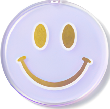 Round purple container with a smiley face design on a white background
