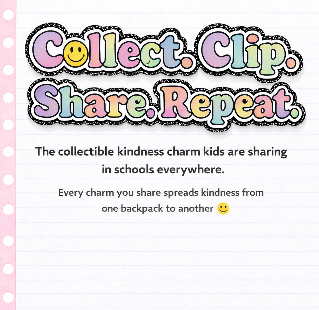 Promotional text for collectible kindness charms with a pink border and smiley face.